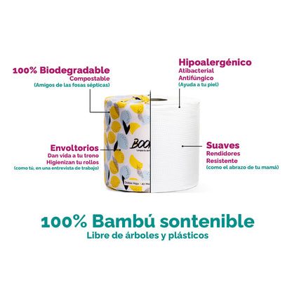 papel higiénico sustentable, 100% hecho de bambú, hipoalergénico, biodegradable